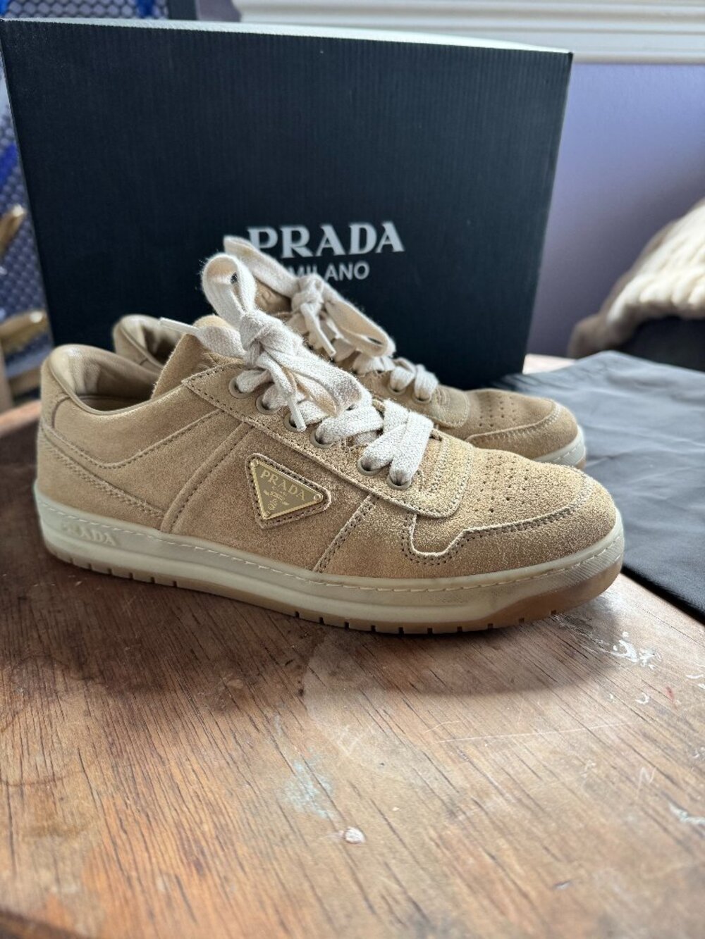 Prada Suede Calzature Donna Downtown Sneaker With Box & Dustbag Size 36